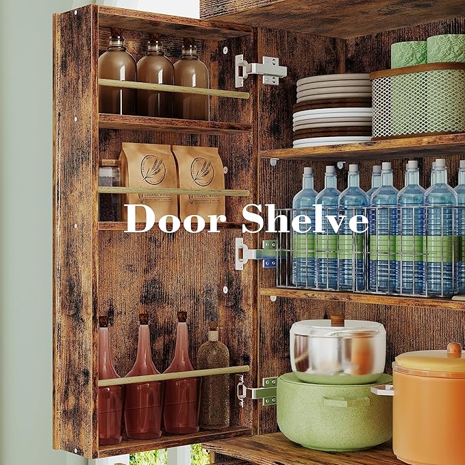 IRONCK Kitchen Pantry Cabinet 72" Height, Freestanding Cupboard with Drawer, Sliding Storage Rack, and 6 Hanging Shelves for Dining Room, Laundry, Living Room, Vintage Brown