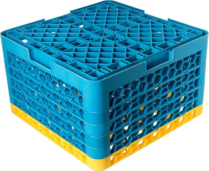 CFS RG16-5C411 OptiClean 16 Compartment Glass Rack with 5 Extenders, 11.9", Polypropylene, Yellow/CFS Blue