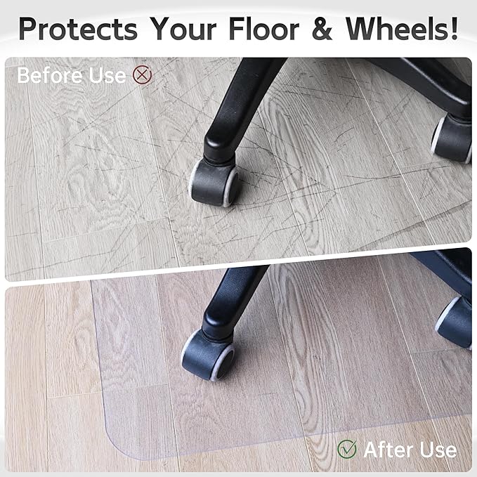 Office Chair Mat for Hardwood Floor, 46”x 60” Crystal Clear Hard Floor Chair Mat, Transparent Floor Protector Mat Flat Without Curling