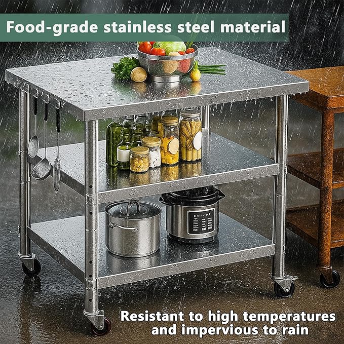 Stainless Steel Table with Wheels for Food Preparation and Work, Multi-Size Optional, Three-Layer Variable Two-Layer Metal Commercial Workbench Outdoor, Restaurant, Kitchen (24" Lx24 Wx35 H)