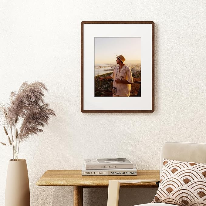 16x20 Picture Frame for Wall, Solid Oak Wood 16 by 20 Frames, 16 x 20 Poster Frame with Tempered Glass, 16x20 Frame Matted to 11x14, 16"x20" Wood Frame for Home Decor, Walnut Color, 1 Pack