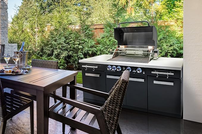 Mont Alpi Premium 70"W x 24"D Black Stainless Steel Compact Outdoor Kitchen Island with Access Doors + 32"W 4-Burner BBQ Grill with Infrared Rear Burner + Storage Cabinets + White Granite Countertops