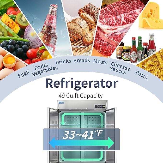 ICECASA 54" W Commercial Refrigerator Reach-in 49 Cu.ft 2 Solid Door Stainless Steel Commercial Refrigerator Fan Cooling for Restuarant, Bar, Shop, etc