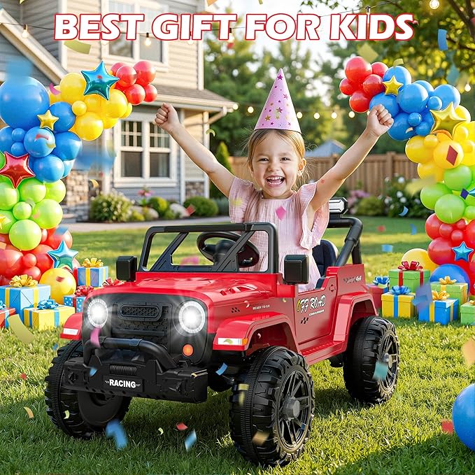 12V Ride On Truck Car with Remote Control, Kids Electric Vehicles with Bluetooth Music, Horn, 3 Speeds, 4 LED Lights, Soft Start, Ride on Toys for Toddler Boys & Girls (Red)