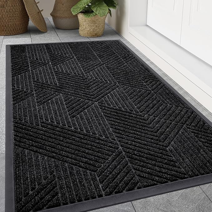 Smiry Front Door Mat Outside Entrance, Heavy Duty Sturdy Natural Rubber Doormat, Trap Dirt and Moisture, Easy Clean Low Profile Welcome Floor Mats for Indoor Outdoor Entry, 59x34 Inch, Black