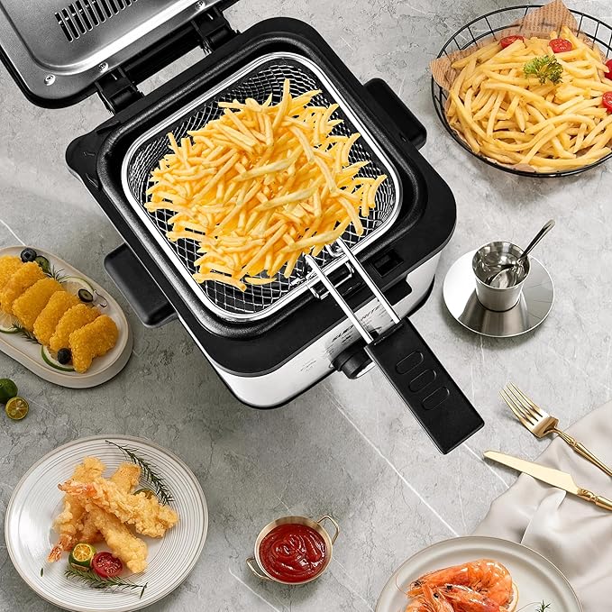 SUSTEAS 1.5 Liter/1.35QT Electric Deep Fryer, 900W, Timer Control, Adjustable Temperature, Lid with Viewing Window and Removable Frying Basket, Stainless Steel, Perfect for Kitchen, French Frie