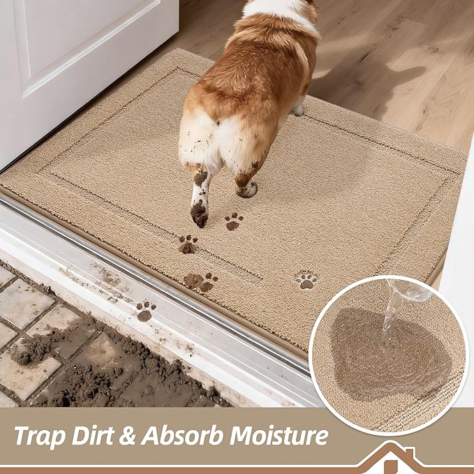 BEQHAUSE Dog Door Mat for Muddy Paws 24"x36" Dirt Trapper Absorbent Doormat Non Slip Entryway Rugs Washable Stain Resistant Welcome Floor Mat Soft Low-Profile for Front Back Door, Beige