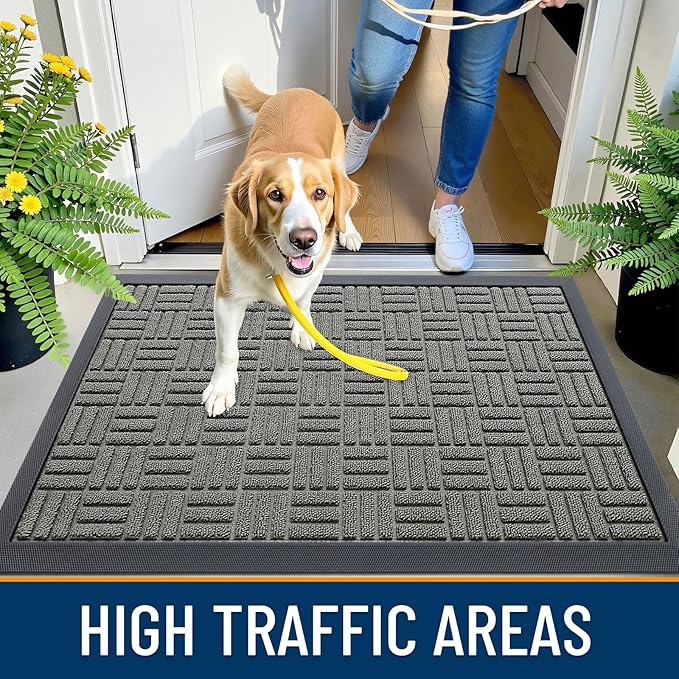 OLANLY Front Door Mat Outside Entrance 59x23, Absorbent, Heavy Duty Sturdy Natural Rubber Doormat Indoor Outdoor, Non-Slip, Stain and Fade Resistant, Low Profile Floor Mat for Entryway, Modern Gray