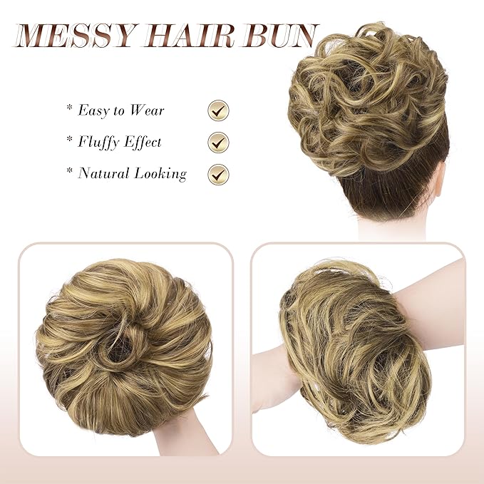 FESHFEN Large Messy Bun Hair Piece - Wavy Synthetic Chignon Scrunchies Elastic Ponytail Hair Extensions Thick Hairpieces for Women, Ash Brown & Blonde 1.94oz