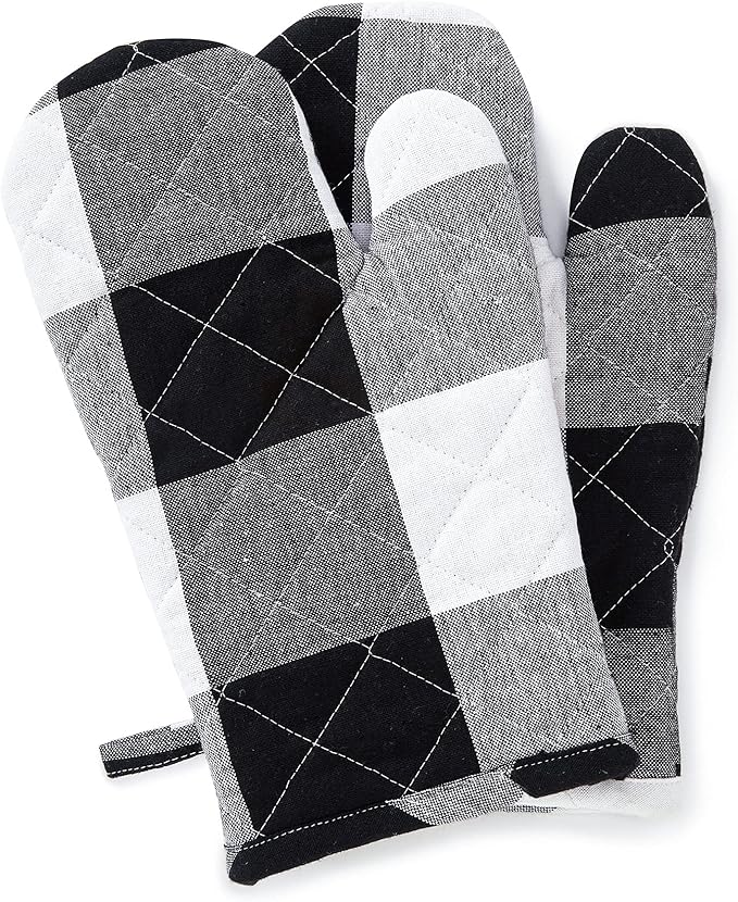 Encasa XO Long 12"x7" Oven Microwave Hand Gloves Mitts (2 pc Set) for Kitchen Cooking & Baking - Heat Resistant, Thick & Safe, Protection of Hands from Hot Utensils - Buffalo Black Checks