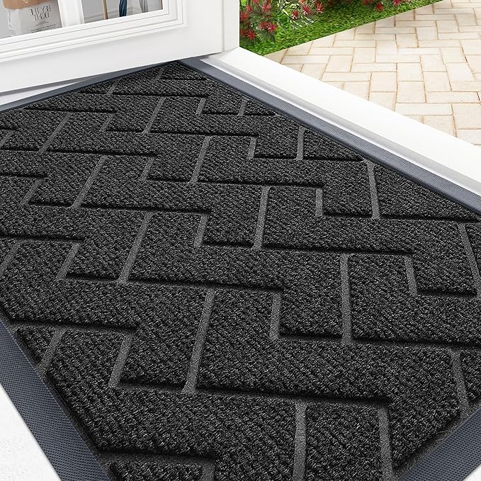 OLANLY Front Door Mat Indoor Outdoor Entrance, Waterproof All-Season, All-Weather Doormat, Sturdy Natural Rubber, Low Profile, Easy Clean Patio Porch Entryway Mat, Herringbone Brick (Black, 71x47)