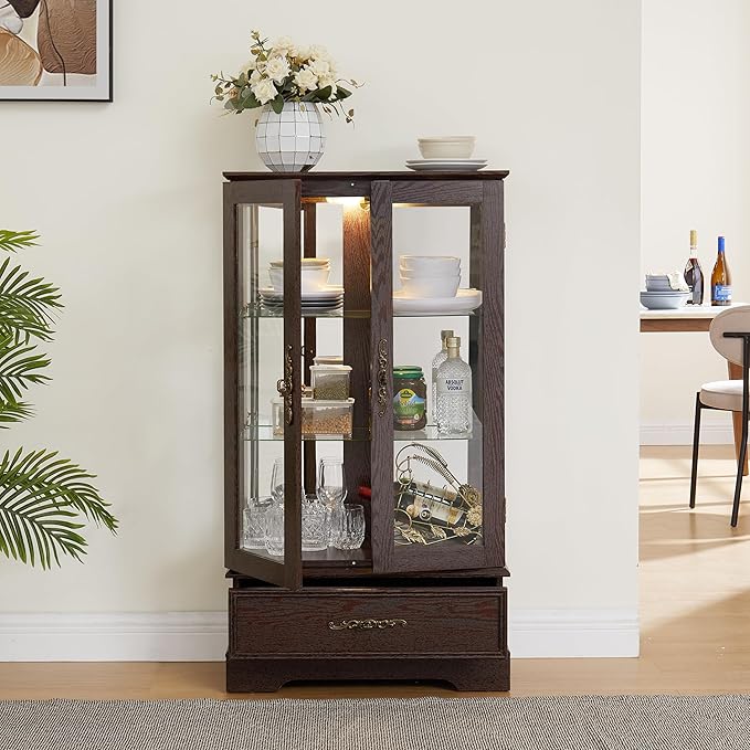 47" H Lighted Curio Cabinet Display Case, Glass Case with Adjustable Shelves,Tempered Glass Door and Drawer, Wooden Curio Cabinet with Mirrored Back Pane for Living Room (Dark Cherry)