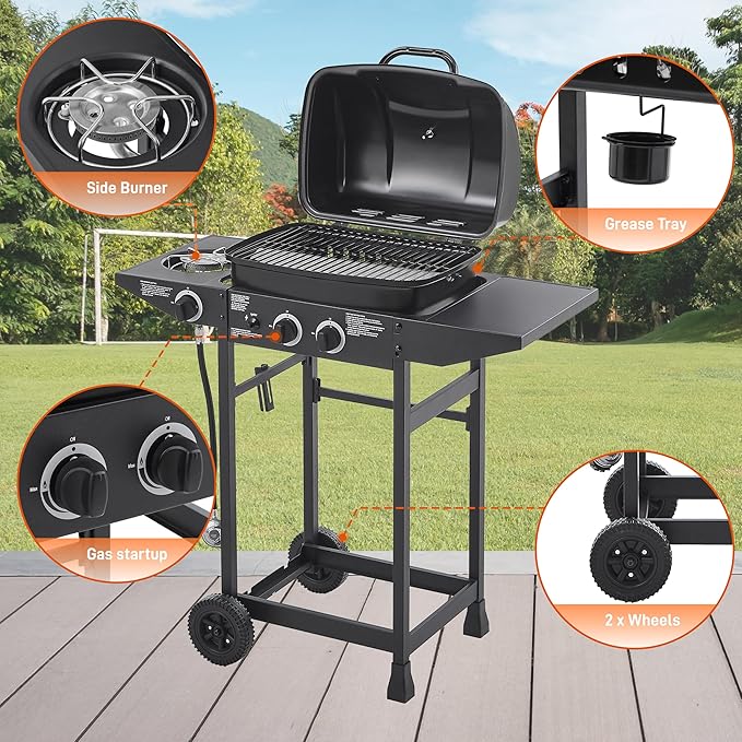 Gas Grill with Side Burner, 2 Burner Propane Grill 24,000 BTU, 237 Sq In Cooking Area, Stainless Steel Outdoor Grill for Backyard, Patio, Balcony