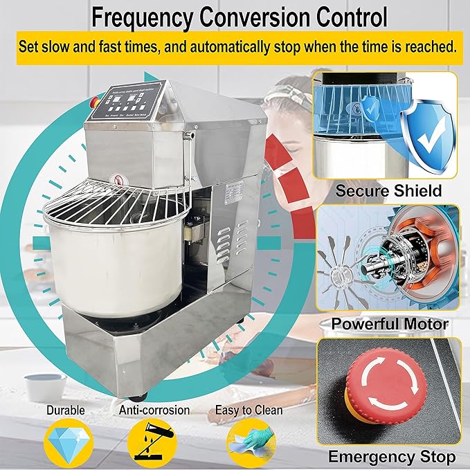 TECHTONGDA Commercial Stand Mixer, 30L Electric Dough Mixer, Double Action Double Speed Dough Kneading Machine with Security Shield & Speed Time Control, Perfect for Bakery Pizzeria, 110V 1500W