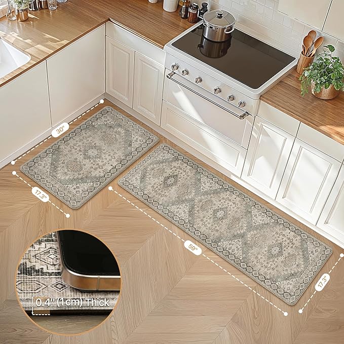 GENIMO Kitchen Mats for Floor, 2PCS Kitchen Rugs Non Slip Washable, Waterproof Anti Fatigue Mat, Comfort Standing Runner Rug for Sink, Office, Laundry, Home, 17.3"x59"+17.3"x30", Blush Camel