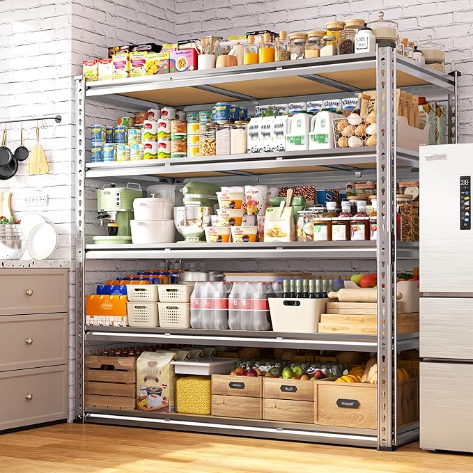 Garage Shelving Load 3100LBS, 5-Tier Storage Shelves, Adjustable Garage Shelves, Shelving Units and Storage, Metal Shelf for Kitchen, Pantry, Warehouse, 48" W x 71.9" H x 24.1" D, Galvanized