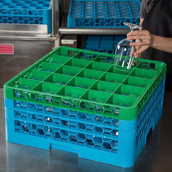 CFS RG25-3C413 OptiClean 25 Compartment Glass Rack with 3 Extenders, 8.72", Polypropylene, green/CFS Blue