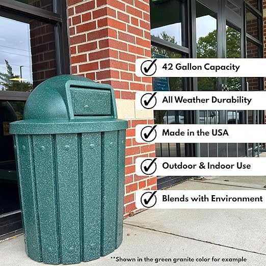 Campus Collection 42 Gallon Slatted Circle 100% Recycled Plastic Heavy-Duty Commercial Indoor or Outdoor Trash Can with Push Open Dome Lid and Internal Liner | Great for Schools and Businesses - Brown