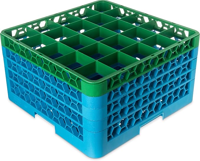 CFS RG25-4C413 OptiClean 25 Compartment Glass Rack with 4 Extenders, 10.3", Polypropylene, green/CFS Blue