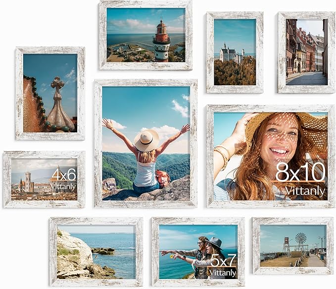 Vittanly Picture Frames Set of 10, Picture Frames Collage Wall Decor with Two 8x10, Four 5x7, and Four 4x6 Photo Frames, Gallery Wall Frame Set for Wall or Tabletop Display, Distressed White