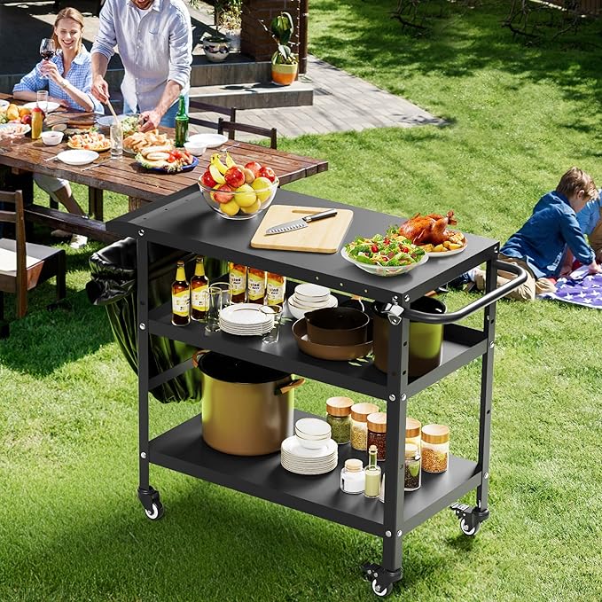 Xilingol Outdoor Grill Cart, Pizza Oven Stand Table with Wheels for Outside Patio, Heavy Duty Movable Outdoor Cooking Prep Table BBQ Cart for Backyard, Camping and Parties