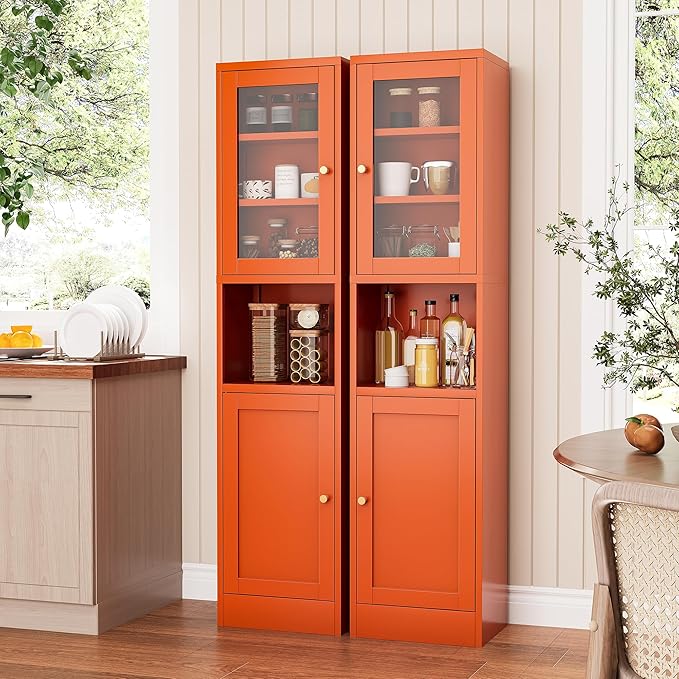 Metal Bathroom Storage Cabinet, Tall Narrow Cabinet with Glass Doors Ajustable Shelves Open Countertop, Slim Sideboard for Small Spaces, Living Room, Kicthen, Dining Room