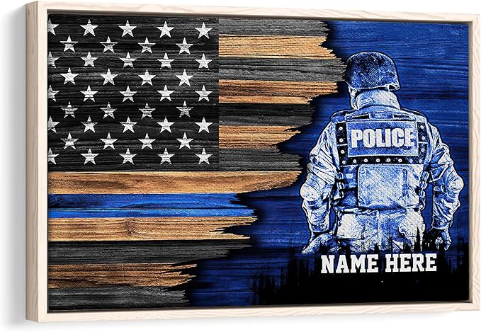Custom Police Thin Blue Line American Flag Back The Blue Personalized Name Poster & Framed Canvas, Wall Art Home Office Decoration Living Room Bedroom Aesthetic Decor