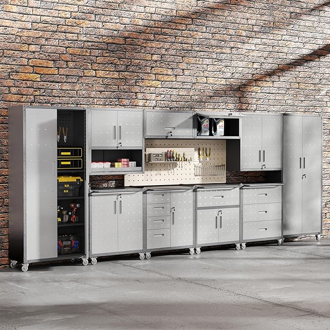 Garage Storage Cabinet with Wheels Metal Garage Cabinets with Drawer Heavy Duty Steel Rolling Tool Cabinet with Lock Rolling Tool Cart Mobile Cabinet for Warehouse Basement, Assembly Required