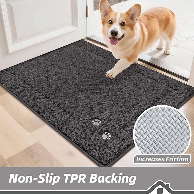 BEQHAUSE Dog Door Mat for Muddy Paws 32"x48" Dirt Trapper Absorbent Doormat Non Slip Entryway Rugs Washable Stain Resistant Welcome Floor Mat Soft Low-Profile for Front Back Door, Dark Grey