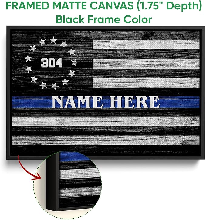 Personalized Police Poster & Framed Canvas, Thin Blue Line Flag Home Office Decor, Custom Name Bedroom Living Room Aesthetic Wall Art Gift For Policeman, Law Enforcement