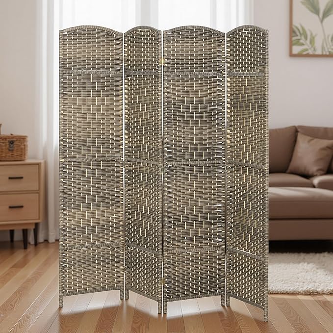 HOMCOM 4 Panel Room Divider, 6' Tall Folding Privacy Screen, Woven Freestanding Wall Partition for Home Office, Bedroom, Dark Rustic Oak