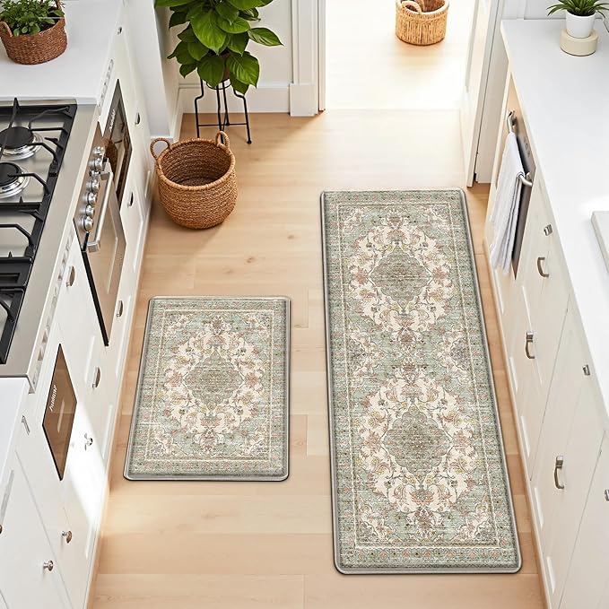 Boho Kitchen Mats for Floor 2 Piece Set Anti Fatigue Cushioned PVC Kitchen Rugs Non Slip Waterproof Farmhouse Mats 2/5 Inch Comfort Standing Mat for Sink, Laundry, 17.3"x59"+17.3"x28", Green Beige