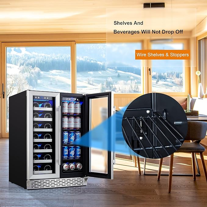Phiestina Beverage Refrigerator, 24 Inch Wine and Beverage Fridge, Under Counter Wine Cooler- 20 Bottles & 78 Cans, Built-in/Freestanding Dual Zone with Glass Door