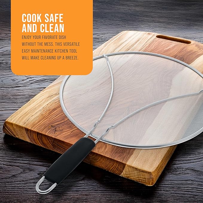 U.S. Kitchen Supply Stainless Steel Splatter Guard 13" Fine Mesh Cover, Grease & Oil, Splatter Screen for Frying Pan, Cooking Pots, with Resting Feet & Comfort Grip Handle