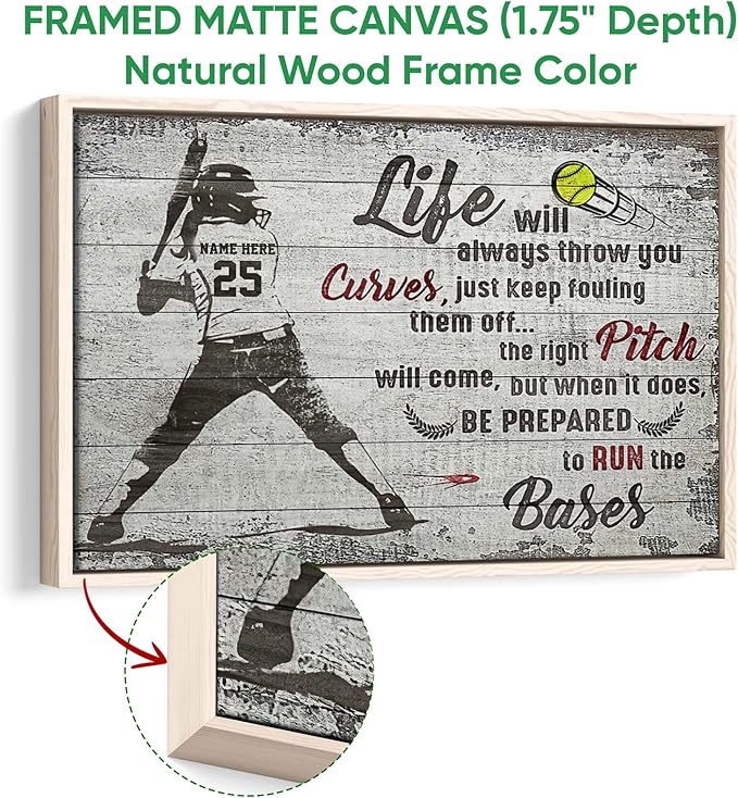 Personalized Softball Poster & Framed Canvas, Run The Bases Home Office Decor, Custom Name Number Bedroom Living Room Aesthetic Wall Art Gift For Girl, Daughter