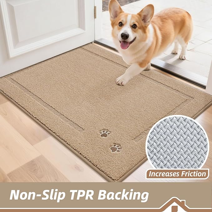 BEQHAUSE Dog Door Mat for Muddy Paws 20"x32" Dirt Trapper Absorbent Doormat Non Slip Entryway Rugs Washable Stain Resistant Welcome Floor Mat Soft Low-Profile for Front Back Door, Beige
