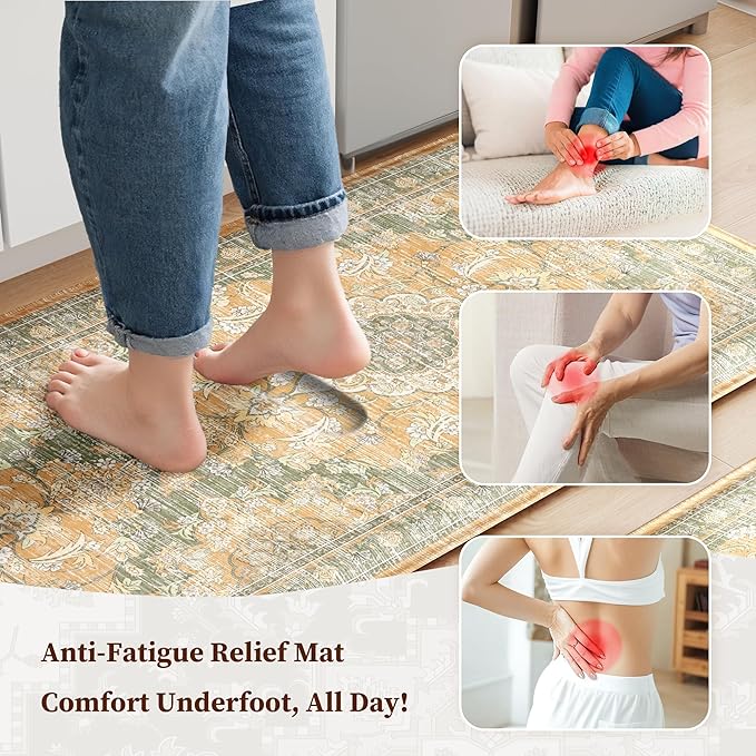Boho Kitchen Mats for Floor 2 Piece Set Anti Fatigue Cushioned PVC Kitchen Rugs Non Slip Waterproof Farmhouse Mats 2/5 Inch Comfort Standing Mat for Sink, Laundry, 17.3"x47"+17.3"x28", Green Orange