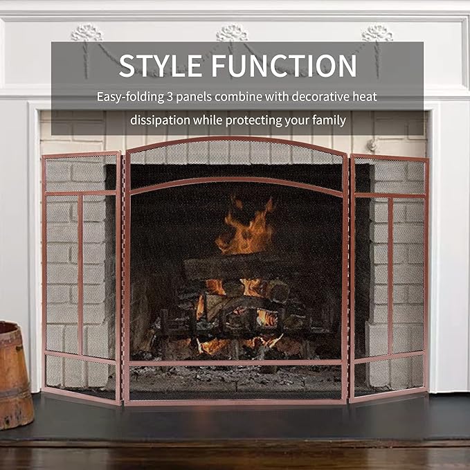 Fire Beauty Fireplace Screen 3 Panel Wrought Iron 48"(L) x 29"(H) Spark Guard Cover(Antique Bronze)