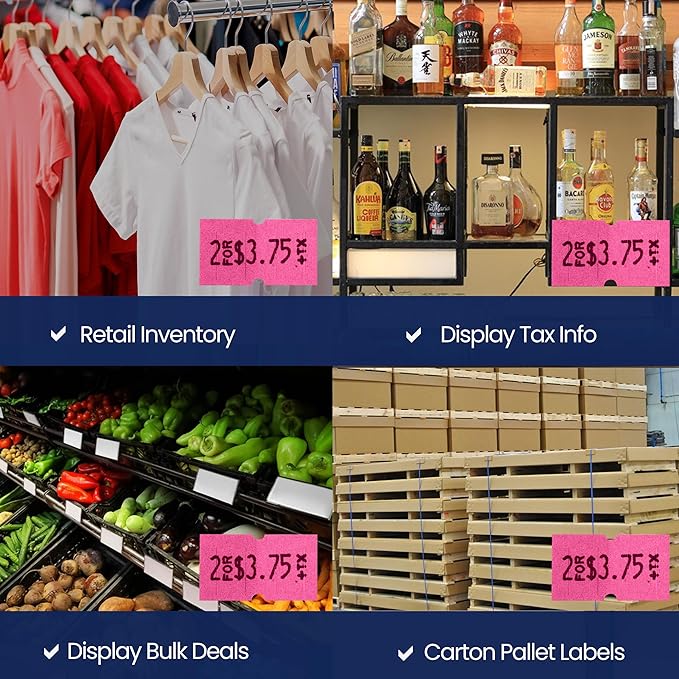 Perco 1 Line Fluorescent Pink Labels - 80 Rolls, 10 Sleeves, 80,000 Blank Price and Date Gun Labels for Perco Lite, X, Plus and Pro 1 Line Price and Date Guns - Made in USA