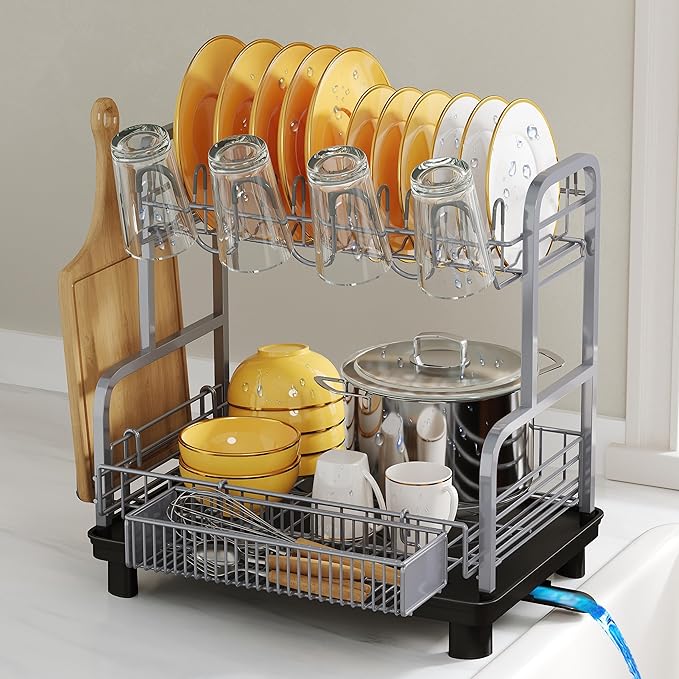 2 Tier Gray Large Capacity Dish Drainers Drying Rack for Kitchen Counter, Metal Stainless Steel Rust Proof Plate Strainers Holder On Countertop with Drainboard Tray, Space Saving, Aesthetic Modern