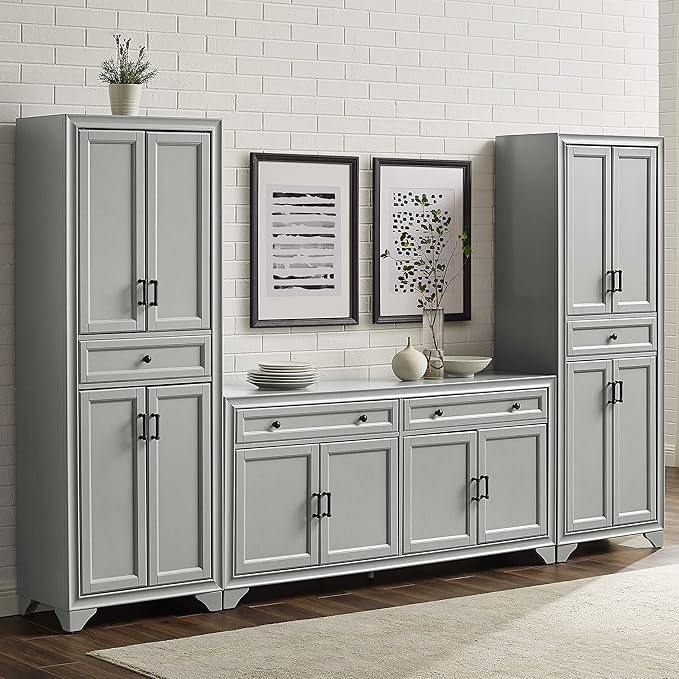 Crosley Furniture Tara 3-Piece Modern Farmhouse Sideboard Buffet Cabinet and Kitchen Storage Pantry Set, Distressed Gray