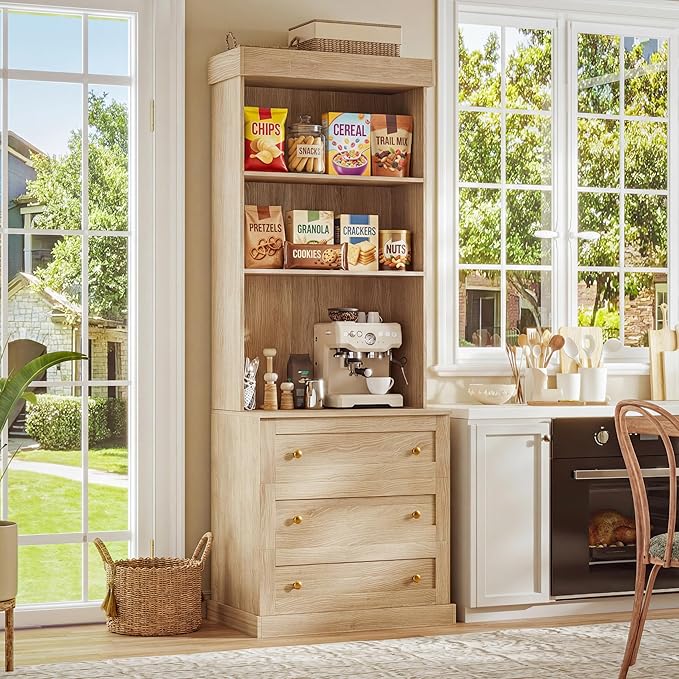 71" Farmhouse Kitchen Pantry Cabinet Set of 2, Brown Freestanding Coffee Bar Hutch with Glass Doors, Drawers & Adjustable Shelves, Large Storage Cabinet with Microwave Stand for Living Room & Kitchen