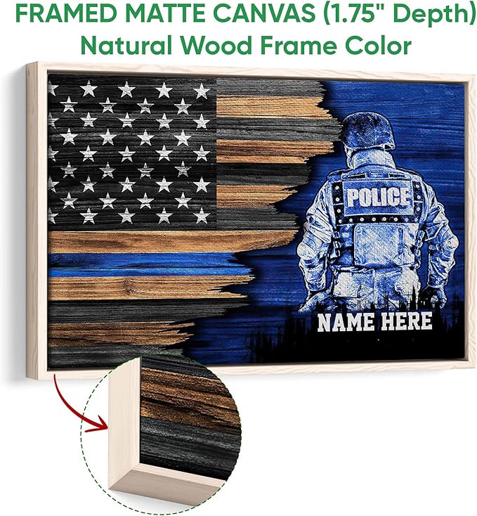 Custom Police Thin Blue Line American Flag Back The Blue Personalized Name Poster & Framed Canvas, Wall Art Home Office Decoration Living Room Bedroom Aesthetic Decor