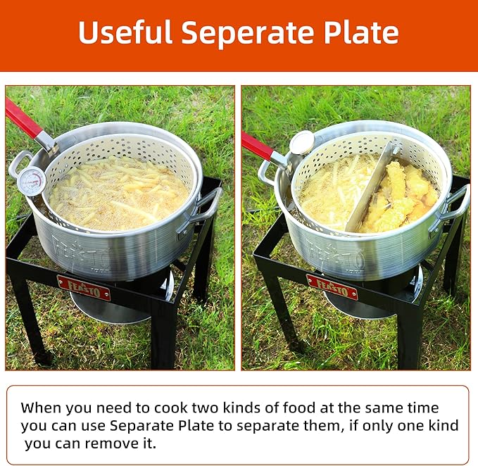 10 Qt Fish Fryer Pot and Basket, Aluminum Propane Fish Fryer Kit with 50,000 BTUs Output and Thermometer for Outdoor and Backyard Cooking, Silver & Black