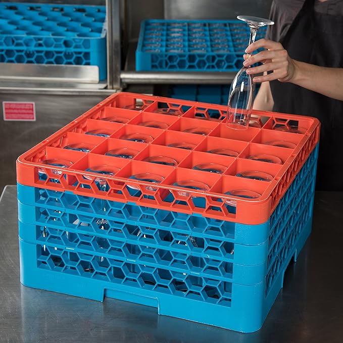 CFS RG25-4C412 OptiClean 25 Compartment Glass Rack with 4 Extenders, 10.3", Polypropylene, Orange/CFS Blue