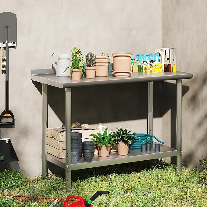HARDURA All Stainless Steel Table 24X48 Inches Metal Commercial Kitchen Prep Table with Adjustable Undershelf and Backsplash NSF for Prep
