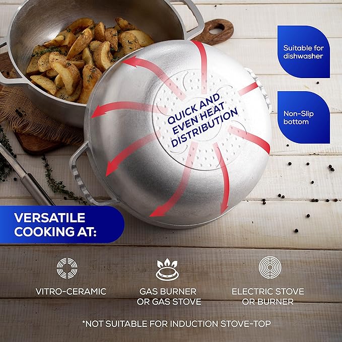 Universal (Professional Large) Caldero 47 Cups - 17 QT / 16 L, Stainless Aluminum Pot, Even Heat Distribution and Fast Cooking Dutch Oven Pot, Ergonomic Handles, Ideal for Rice, and French Fries