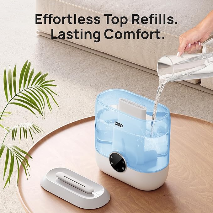 DREO 6L Top Fill Humidifiers for Bedroom, 60H Runtime 28 dB Quiet Supersized Cool Mist Air Humidifiers for Large Room, Baby Nursery, Plant, Indoor, Night Light, Easy to Clean, Precise Humidity Control