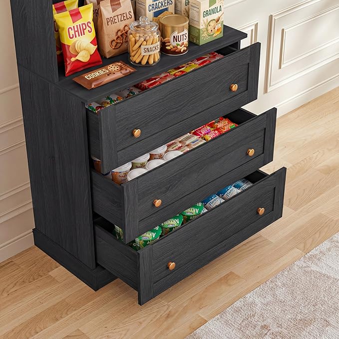 Vyre 71" Farmhouse Kitchen Pantry Cabinet, Black Freestanding Coffee Bar Hutch with Drawers & Adjustable Shelves, Large Storage Cabinet with Microwave Stand for Living Room & Kitchen