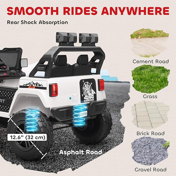 Qaba 24V 2-Seater Kids Ride on Truck Car, 44-50" L Adjustable 4WD Electric Car, 5 MPH Max Speed, Remote Control, Spring Suspension, Storage and LED Lights for Kids Ages 37-95 Months, White